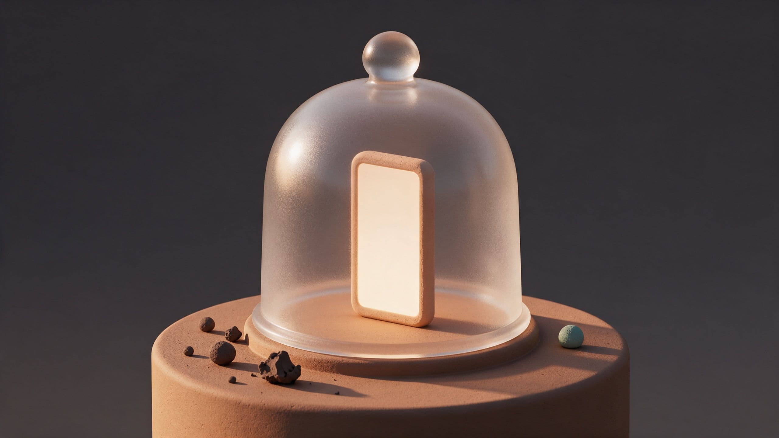 Smartphone protected under a glass dome while dark pellets bounce off outside: blocking ads and adult content on a child's iPhone