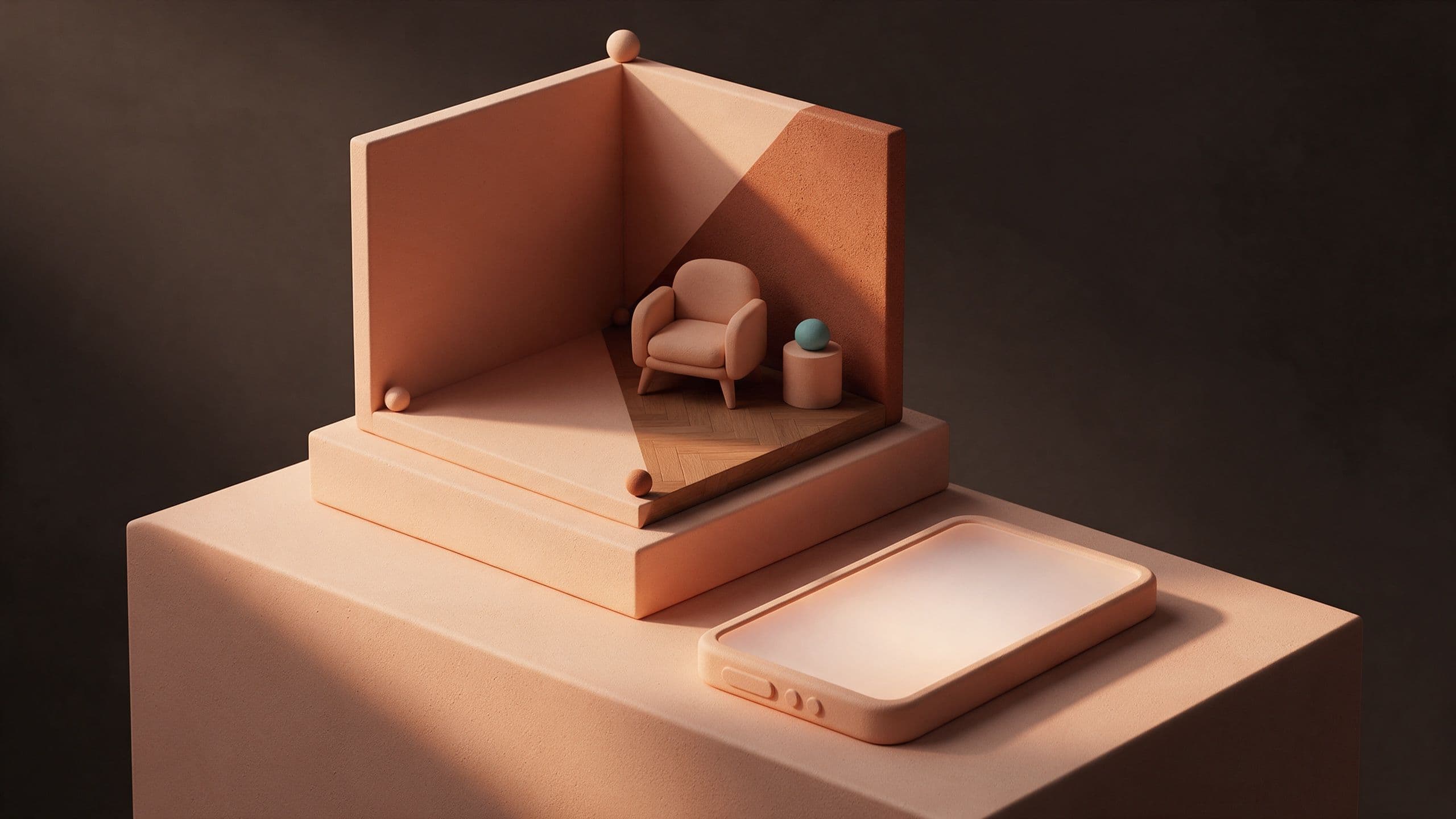 Miniature clay room with a new wood floor and an armchair, viewed through a smartphone: AR interior design with Interior AI