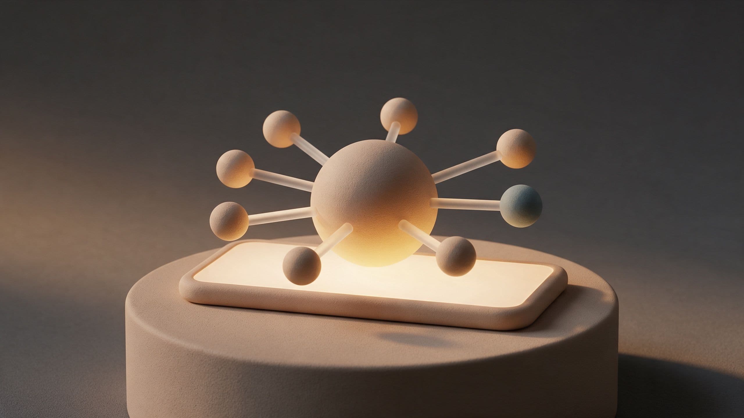 Small spheres linked to a glowing central sphere above a smartphone: AI agents coordinating inside an app