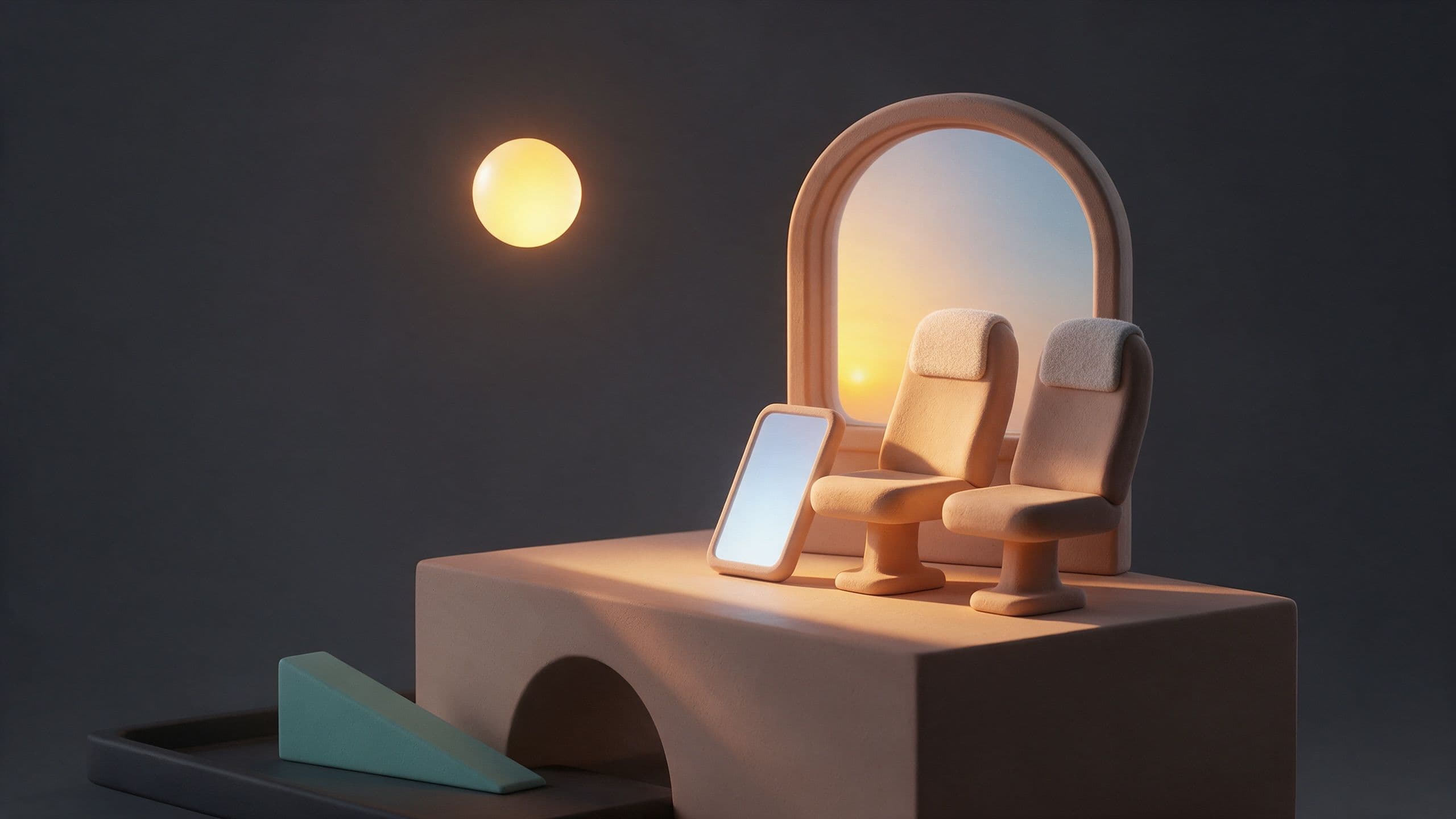 Low sun lighting one of two travel seats by a window, with a smartphone beside them: choosing the shady side to sit on